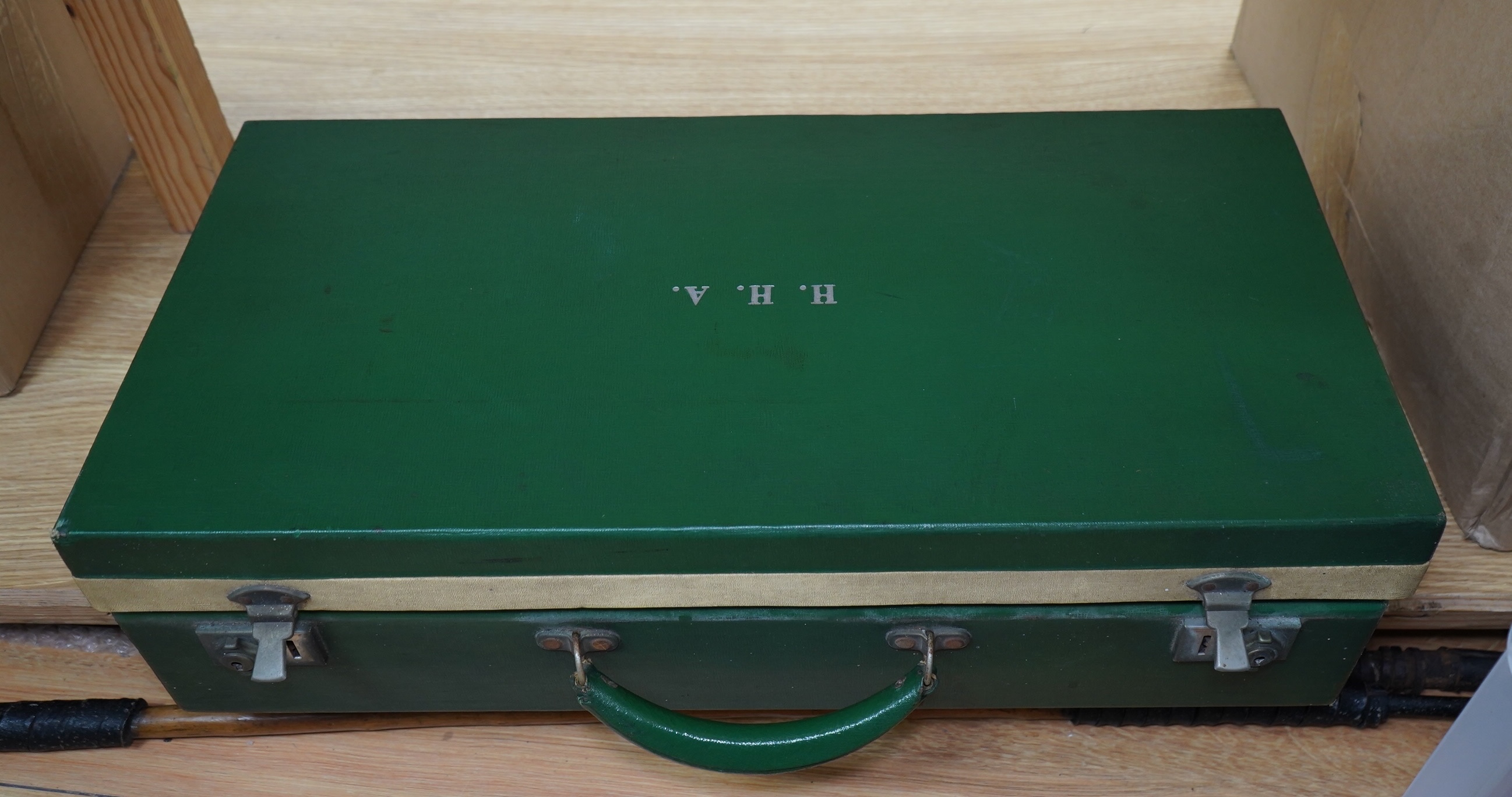 An Art Deco, c.1930's cased picnic set with flasks, cutlery, plates and cups. Condition - poor